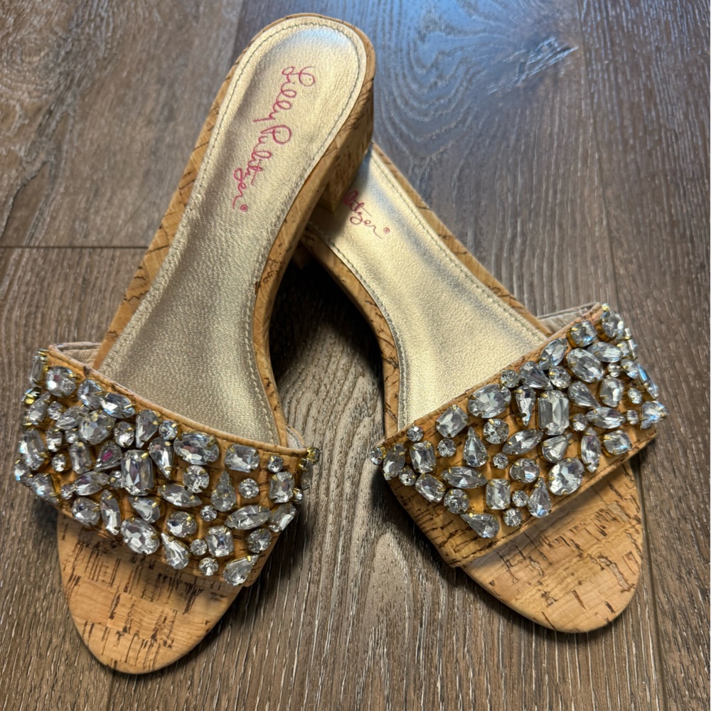 Lilly Pulitzer Gold and Tan Cork Crystal Sandals